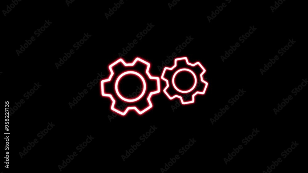 Spinning gears animation. glowing neon setting icon, red color settings icon. Glowing neon line setting icon with spinning gears icon animation.