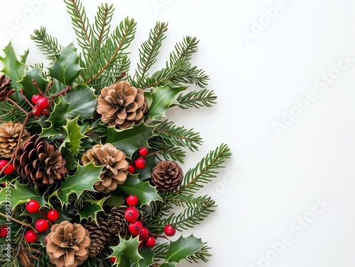 Christmas composition with gift boxes, card balls fir branches pine cones with copy space. Christmas