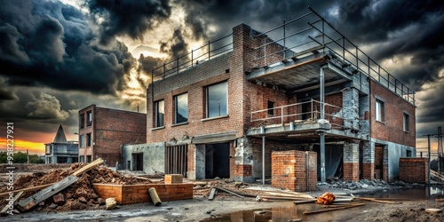 Gritty urban new home construction site with exposed brick facade, crumbling concrete, and industrial-chic metal accents against dark brooding stormy sky