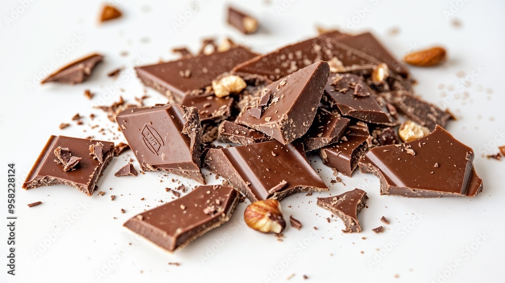 A large pile of broken chocolate bars mixed with almonds on a white surface A large pile of broken chocolate bars mixed with almonds on a white surface