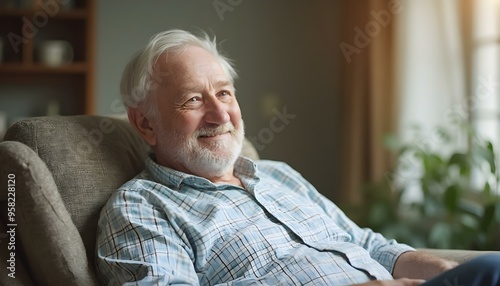 A Happy American senior man sitting on sofa at nursing home looking at camera