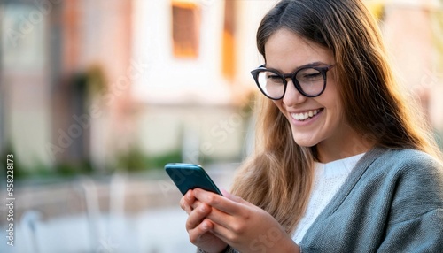 Teenager smiling and using a smartphone, symbolizing youth, technology, and social interaction.