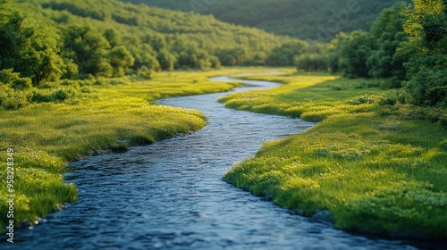 Serene River Winding Through Lush Green Meadow