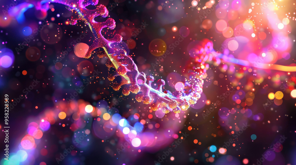 A vibrant and colorful representation of DNA strands, showcasing intricate details and mesmerizing background of glowing particles. A vibrant and colorful representation of DNA strands, showcasing intricate details and mesmerizing background of glowing particles.