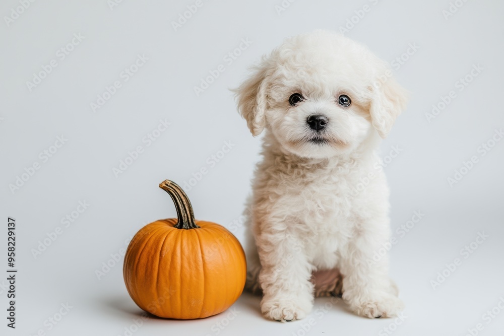 Obraz premium Bichon Frise puppy sitting next to a small pumpkin on a white background
