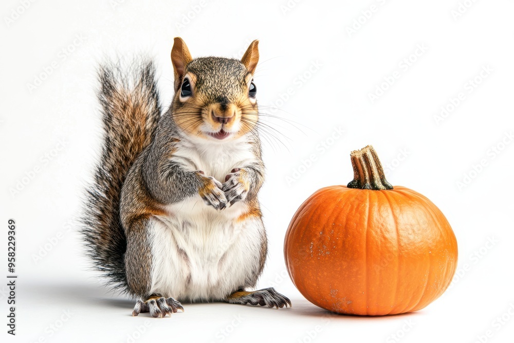Squirrel sitting on its hind legs next to a small pumpkin Squirrel sitting on its hind legs next to a small pumpkin