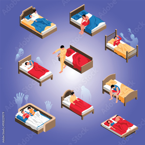 Isometric set of people in their beds suffering from nightmares insomnia and somnambulism isolated on blue background vector illustration