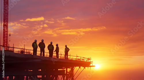team of engineers inspecting the progress of a bridge construction project at sunrise