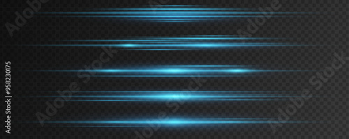 Set of blue light effects on a dark transparent background. Bright flashes and glares. Abstract rays of light. Light vibrations. Glowing laser lines. Vector illustration. EPS 10.