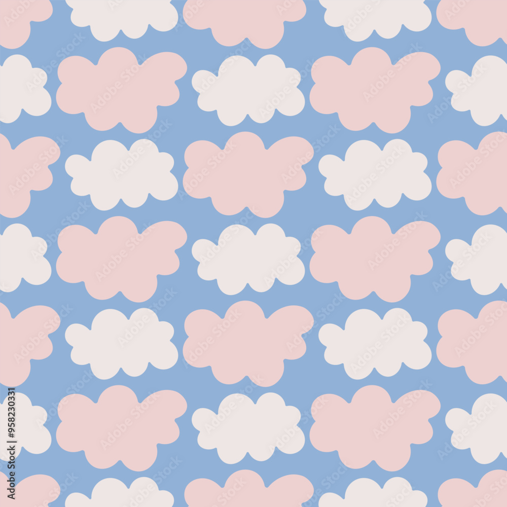 Cumulus white and pink clouds. Seamless vector pattern. Infinitely repeating sky ornament. Isolated blue background. Small cloud. Flat style. Idea for web design. Cumulus white and pink clouds. Seamless vector pattern. Infinitely repeating sky ornament. Isolated blue background. Small cloud. Flat style. Idea for web design.