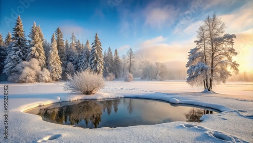 Photo image of a serene winter scene: a small ice fishing hole is cut into a frozen lake, surrounded by snow-covered trees and a misty fog.