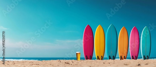 Colorful surfboards standing upright on a sandy beach with a clear blue sky in the background, capturing a vibrant summer vibe.