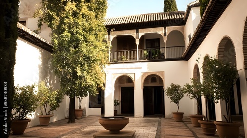  Spanish Heritage Courtyard: Modern Minimalist Design with White Arches and Potted Plants for Cultural Heritage Month