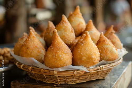 Delicious deep fried savory pastries sitting in a basket for sale at a street food market photo