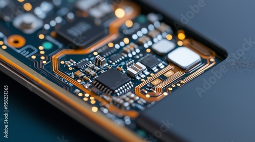 Close-up of an electronic circuit board with microchips, capacitors, and other components, showcasing intricate technology and engineering details.