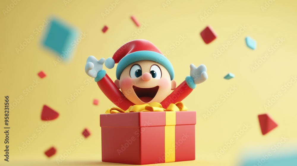 Cheerful Elf Emerging from a Red Gift Box with Yellow Ribbon Cheerful Elf Emerging from a Red Gift Box with Yellow Ribbon