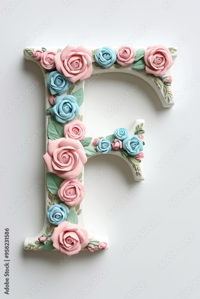A floral alphabet 3d letter F design with botanical flowers A floral alphabet 3d letter F design with botanical flowers