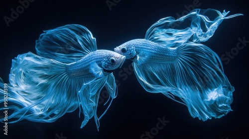 A dramatic photograph of two betta fish formed by neon ice blue light lines, in an intense battle with their long, vibrant tails intertwined, set against a dark, 