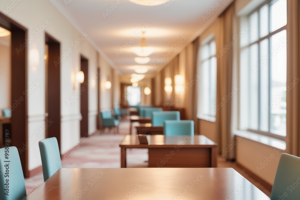 Empty office corridor with modern furniture and large windows, perfect for business meetings Empty office corridor with modern furniture and large windows, perfect for business meetings