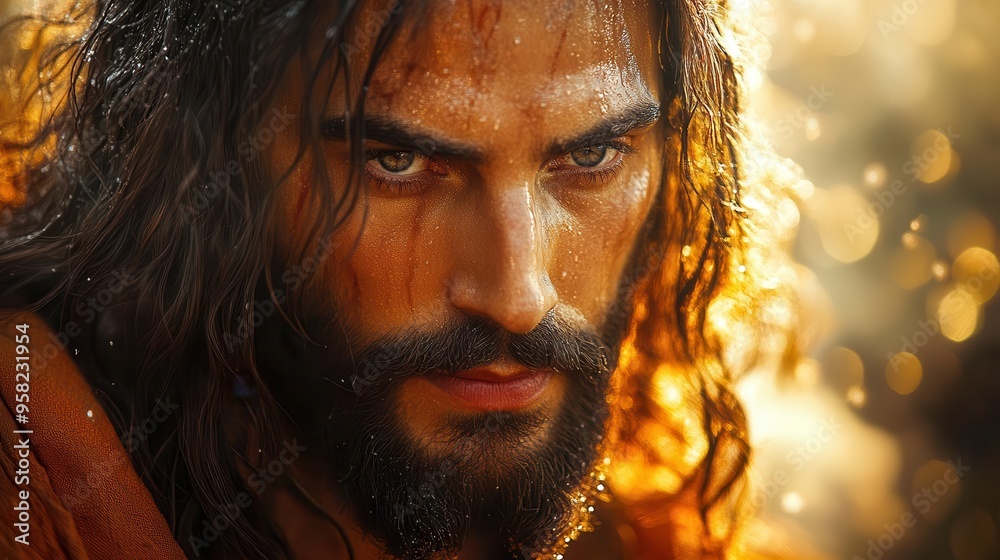 majestic portrait of jesus christ compassionate expression ethereal aura rich warm colors intricate details in clothing and features symbolizing divine presence majestic portrait of jesus christ compassionate expression ethereal aura rich warm colors intricate details in clothing and features symbolizing divine presence