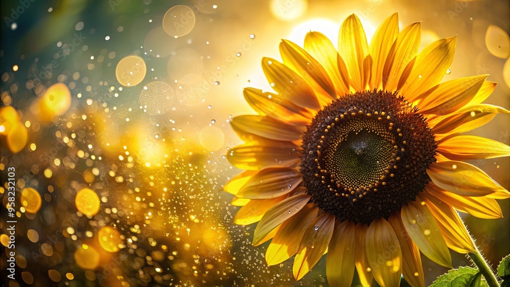 Fototapeta premium Close-up of sunflower with water droplets on petals and backlight creating a stunning boom of light