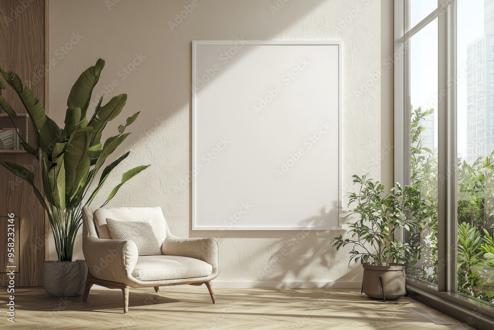 Poster Frame in Beige minimalist living room interior created with generative AI Poster Frame in Beige minimalist living room interior created with generative AI