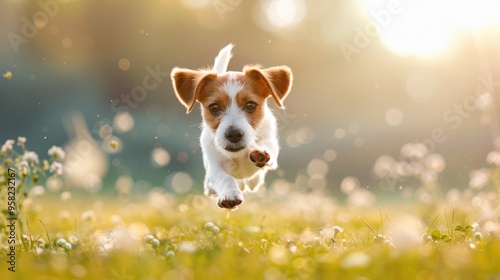 A playful dog leaping in the air, frozen in mid flight, tail wagging, its joyful energy captured in time.