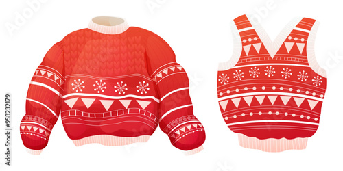 Set Cute winter warm knitted red sweater and vest. Christmas wear with festive winter ornament. Nordic jumper, retro. 
