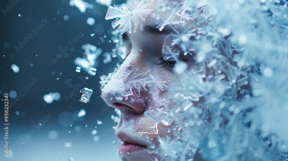 A self portrait where the artist appears as a frozen ice sculpture, their form dissolving into a crystalline structure. A self portrait where the artist appears as a frozen ice sculpture, their form dissolving into a crystalline structure.