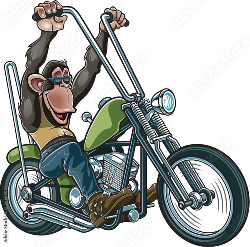 Cartoon style chimpanzee driving a chopper motorcycle