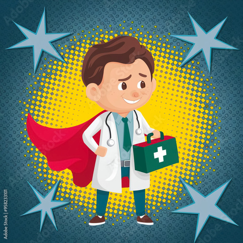 A cartoon illustration of a male doctor wearing a superhero cape, holding a medical kit