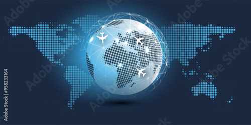Flight Destinations, Traveling Around the World - Travel by Airplane - World Map and Earth Globe Design Concept with Many Planes En Route to Various Intercontinental Destinations Around the Globe
