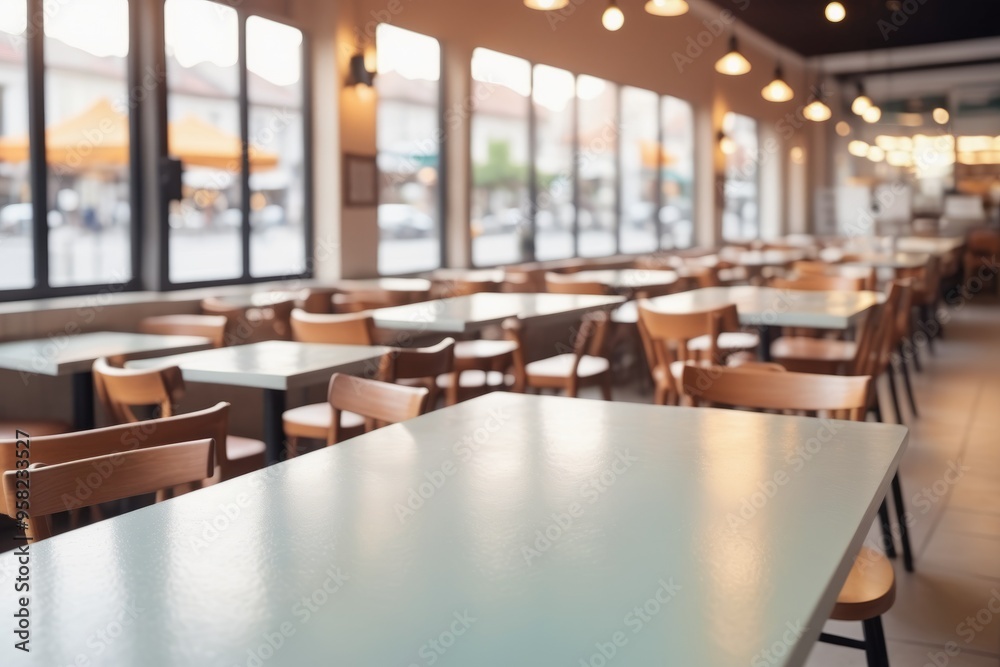 Modern wooden dining table with comfortable chairs in a spacious, contemporary restaurant with large windows