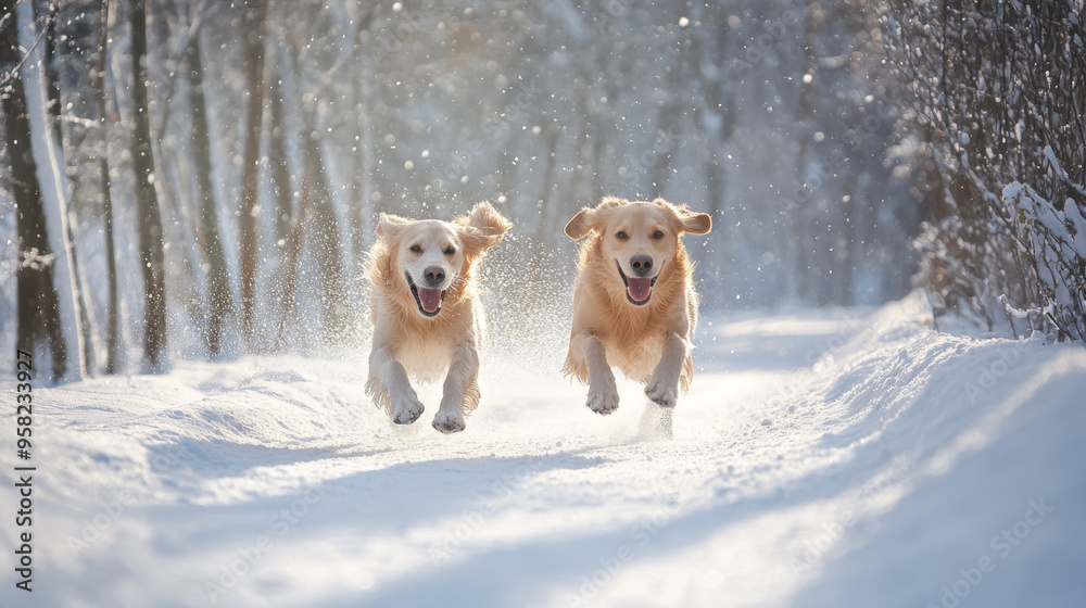 Golden retriever dogs are happily running through a snowy forest. Golden retriever dogs are happily running through a snowy forest.
