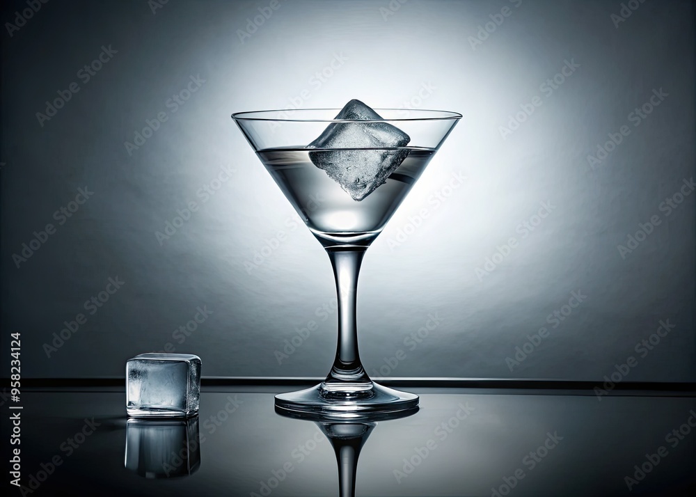 Dramatic low-key lighting illuminating a single ice cube melting slowly in a sleek white cocktail glass on a minimalist white background with an air of mystery. Dramatic low-key lighting illuminating a single ice cube melting slowly in a sleek white cocktail glass on a minimalist white background with an air of mystery.