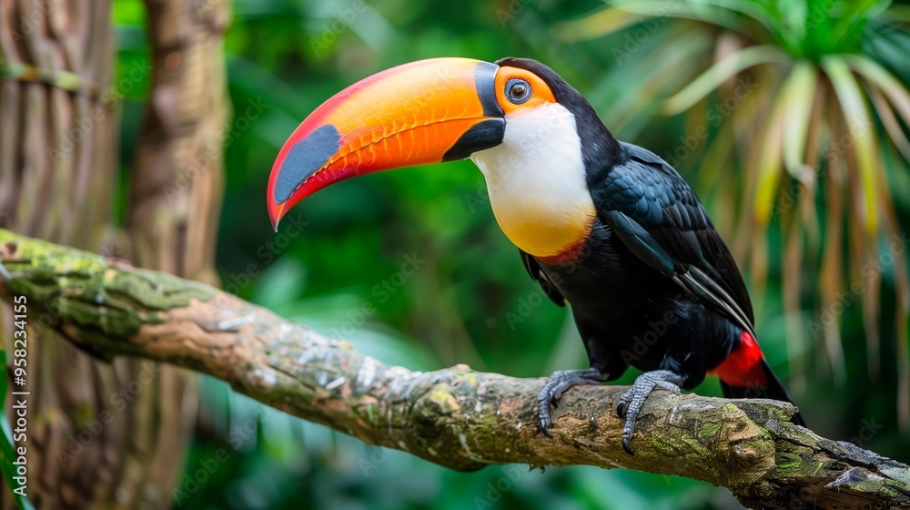 Colorful toucan perched on a branch in a lush tropical rainforest Colorful toucan perched on a branch in a lush tropical rainforest