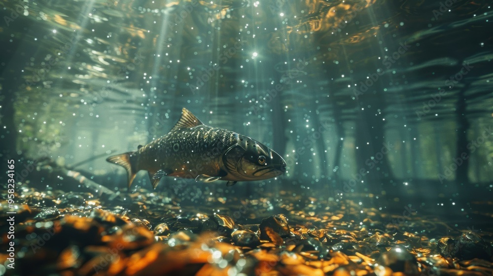 A solitary fish swims gracefully through a sunlit underwater scene, highlighting its natural habitat amidst pebbles and shimmering particles ideal for use in nature documentaries A solitary fish swims gracefully through a sunlit underwater scene, highlighting its natural habitat amidst pebbles and shimmering particles ideal for use in nature documentaries
