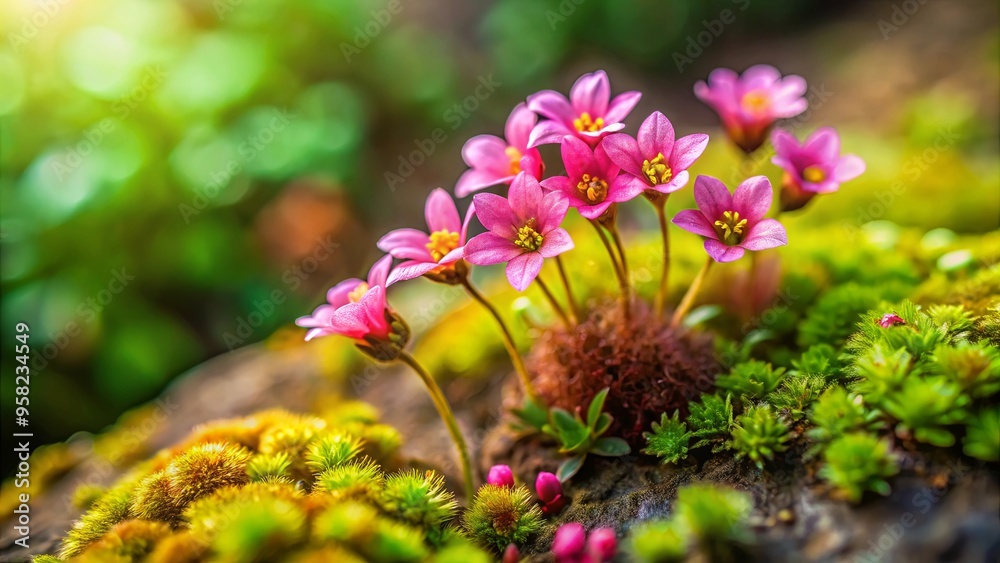 Small pink and green flowers emerging from mossy patch background Small pink and green flowers emerging from mossy patch background