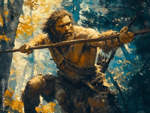 Primitive Hunter in a Forest Illustration