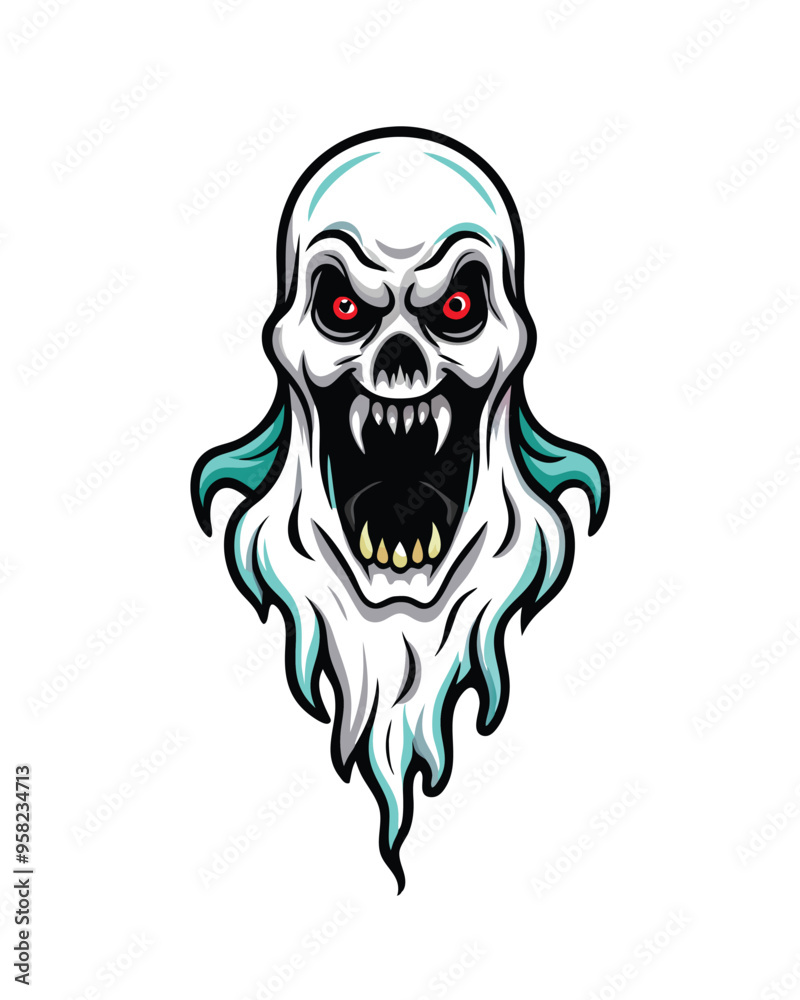 Fototapeta premium A scary, transparent ghost monster with distorted sharp teeth and red eyes.
