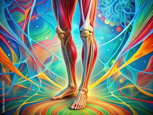 Illustrated leg anatomy with highlighted tendons and ligaments, set against a bold colorful abstract background with organic shapes and subtle patterns photo