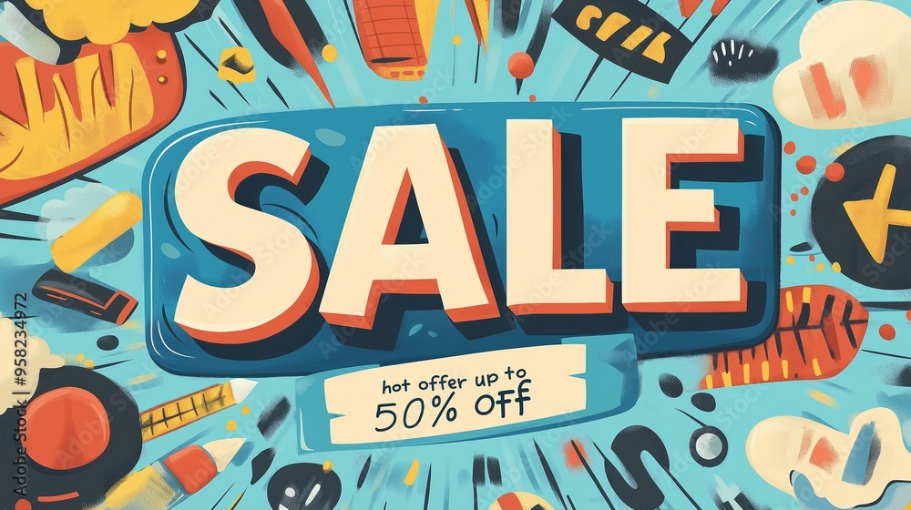 Fototapeta premium Vibrant comic style sale banner with hot offer discount text and assorted shopping items.