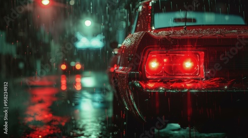 Retro car in rain-soaked city at night, vibrant red taillights illuminating wet street perfect for urban, noir, or cinematic-themed designs,