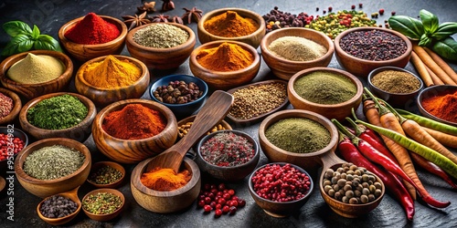 An array of colorful spices displayed in wooden bowls against a dark background