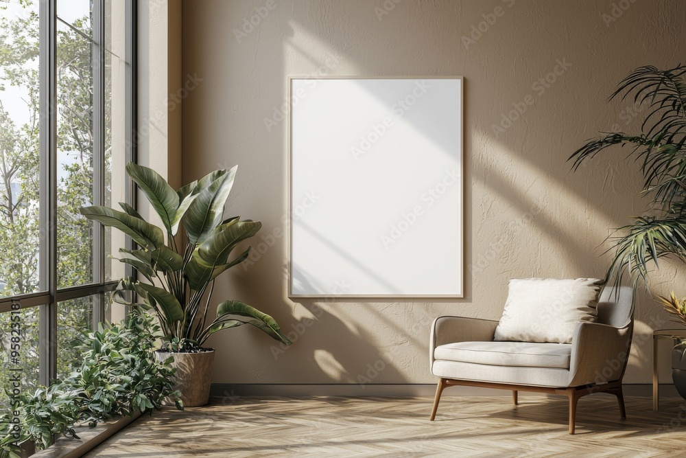 Poster Frame in Beige minimalist living room interior created with generative AI Poster Frame in Beige minimalist living room interior created with generative AI