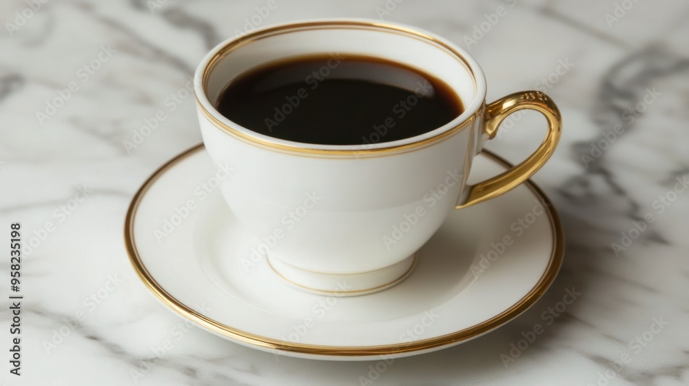A delicate white porcelain coffee cup with a golden rim, filled with rich black coffee on a marble table A delicate white porcelain coffee cup with a golden rim, filled with rich black coffee on a marble table