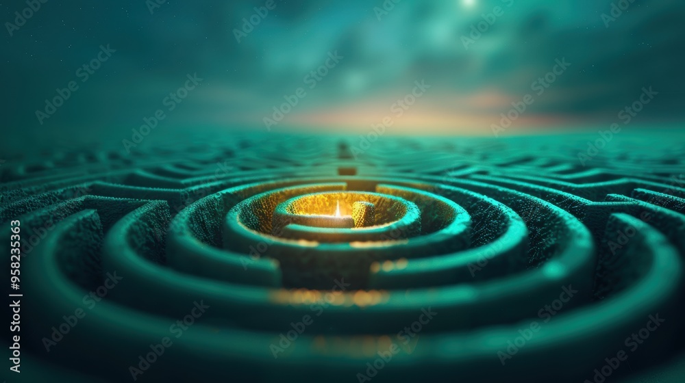 A maze with a luminous exit at the end, symbolizing the achievement of strategic goals. A maze with a luminous exit at the end, symbolizing the achievement of strategic goals.