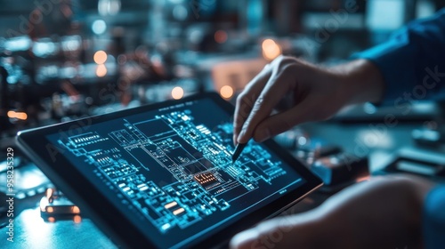A designer working on power electronics circuits, detailed schematics on a digital tablet,