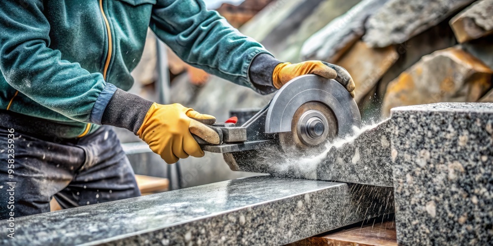 photo image of a person wearing gloves, safely holding a cutting saw with a worn-out blade, cutting through a large dark granite stone. photo image of a person wearing gloves, safely holding a cutting saw with a worn-out blade, cutting through a large dark granite stone.