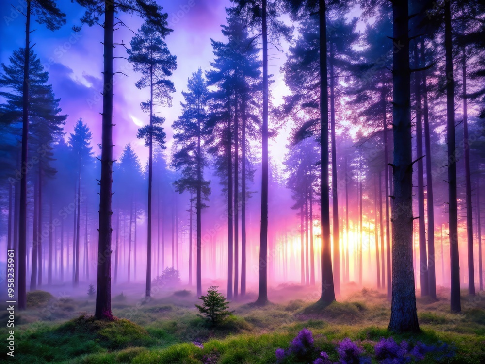 A photo image of a misty forest at dusk with tall trees glowing in a soft ultra violet light. A photo image of a misty forest at dusk with tall trees glowing in a soft ultra violet light.